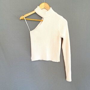 BERSHKA Women's Medium Cream One Shoulder Long Sleeve Ribbed Mock Neck Sweater